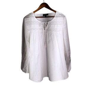 Lane Bryant White Crochet Lace Peasant Blouse Tie Neck Plus 22/24 Long Sleeve